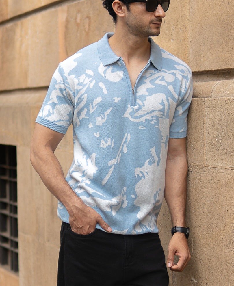 Light Blue Abstract Knit T-Shirt