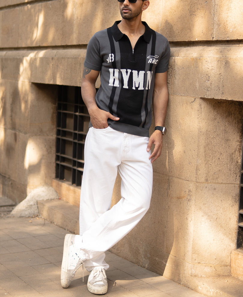 Grey Jacquard Half Sleeves Knit Polo T-Shirt