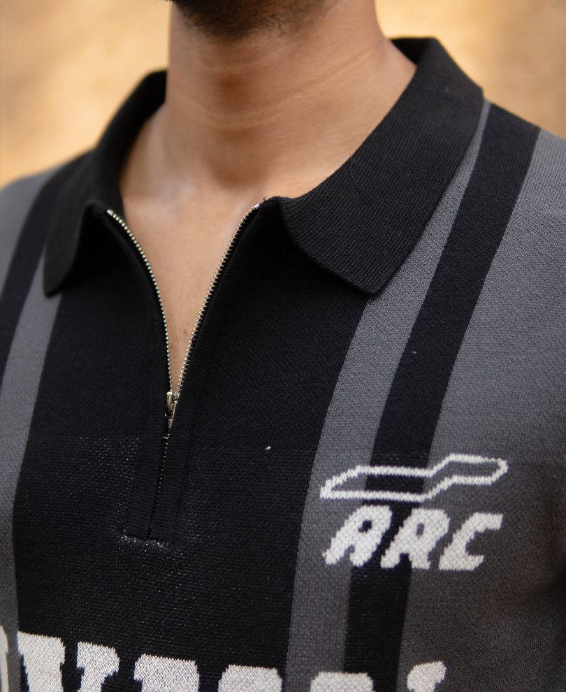 Grey Jacquard Half Sleeves Knit Polo T-Shirt