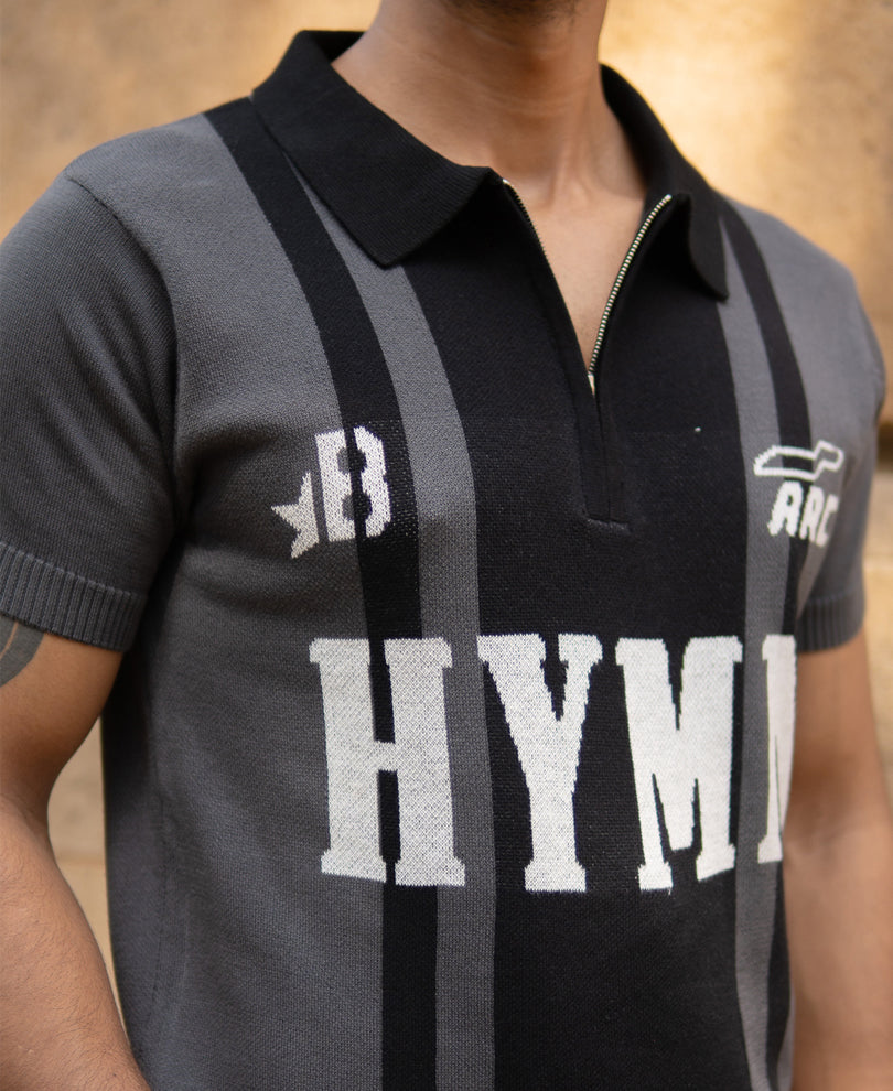 Grey Jacquard Half Sleeves Knit Polo T-Shirt