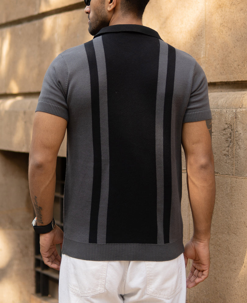Grey Jacquard Half Sleeves Knit Polo T-Shirt