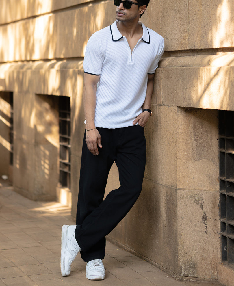White Diagonal Knit T-Shirt