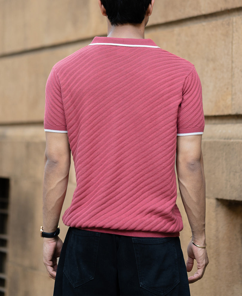 Coral Diagonal Knit T-Shirt