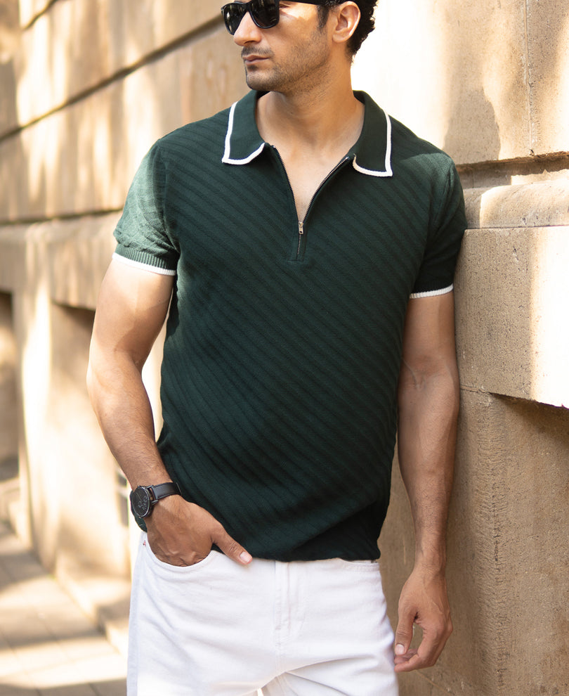 Bottle Green Diagonal Knit T-Shirt