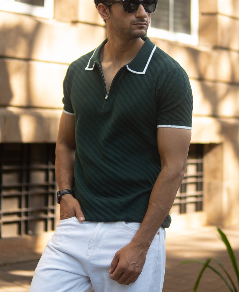 Bottle Green Diagonal Knit T-Shirt