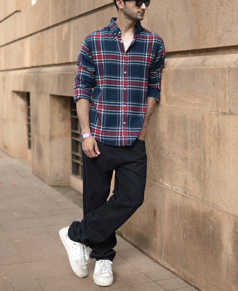 Navy Flannel Checked Shirt