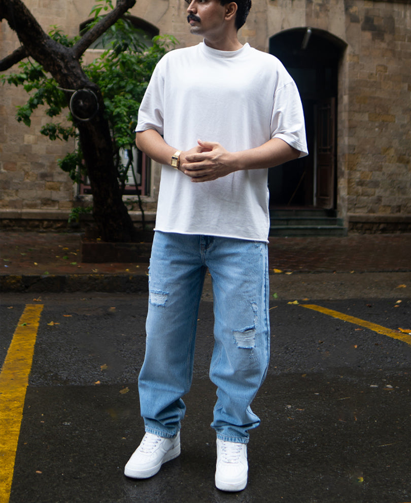 Mid Blue Baggy Ripped Jeans