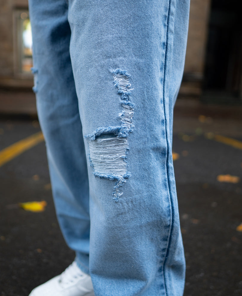 Mid Blue Baggy Ripped Jeans