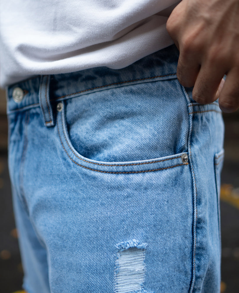 Mid Blue Baggy Ripped Jeans