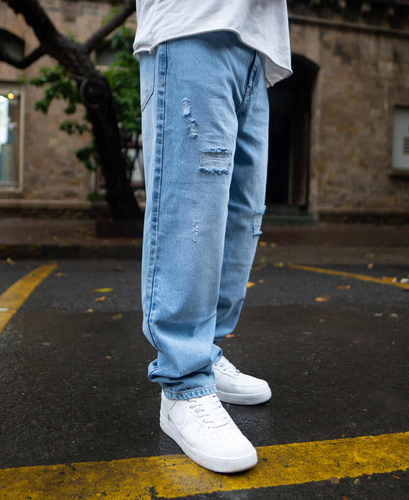 Mid Blue Baggy Ripped Jeans