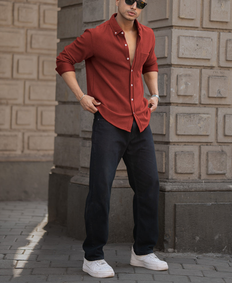 Brick Red Structured Knit Shirt