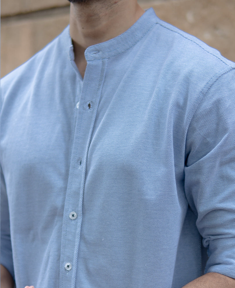 Blue Knitted Mandarin Collar Shirt