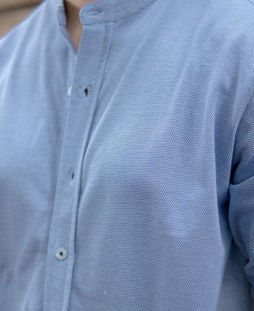 Blue Knitted Mandarin Collar Shirt