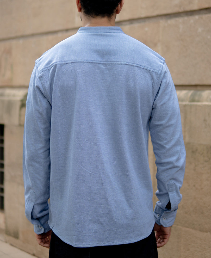 Blue Knitted Mandarin Collar Shirt