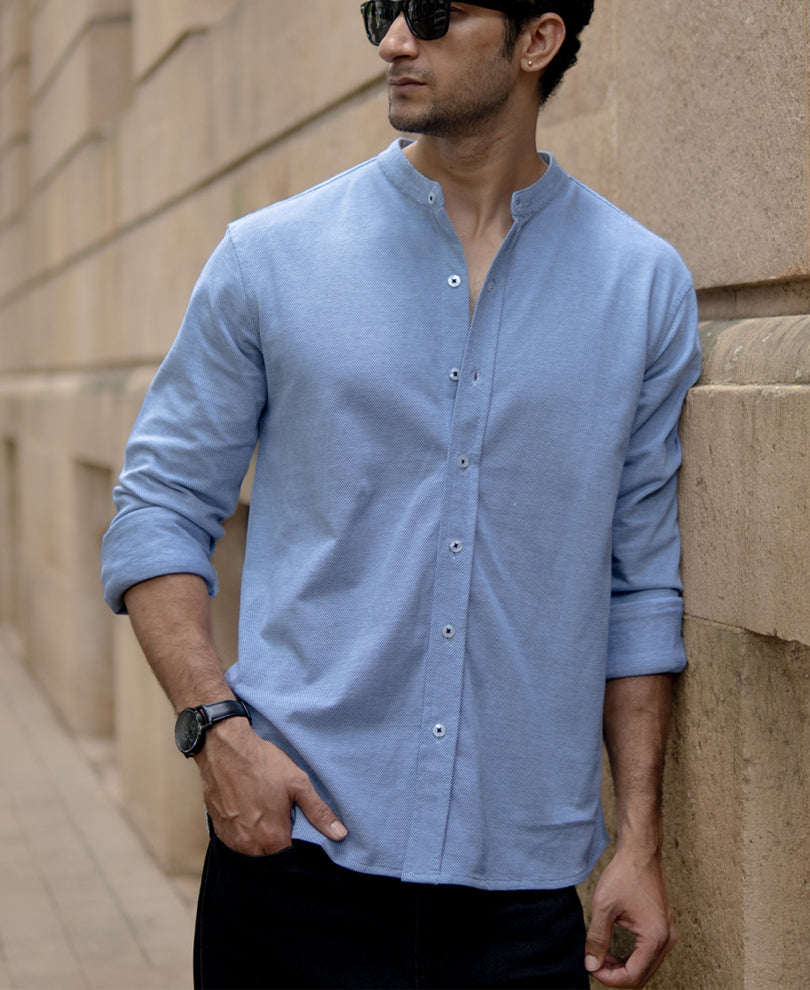 Blue Knitted Mandarin Collar Shirt