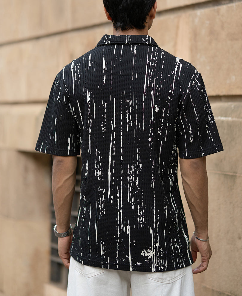 Black Structured Printed Polo T-Shirt