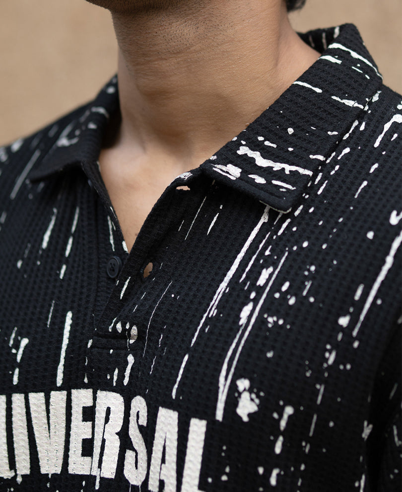 Black Structured Printed Polo T-Shirt