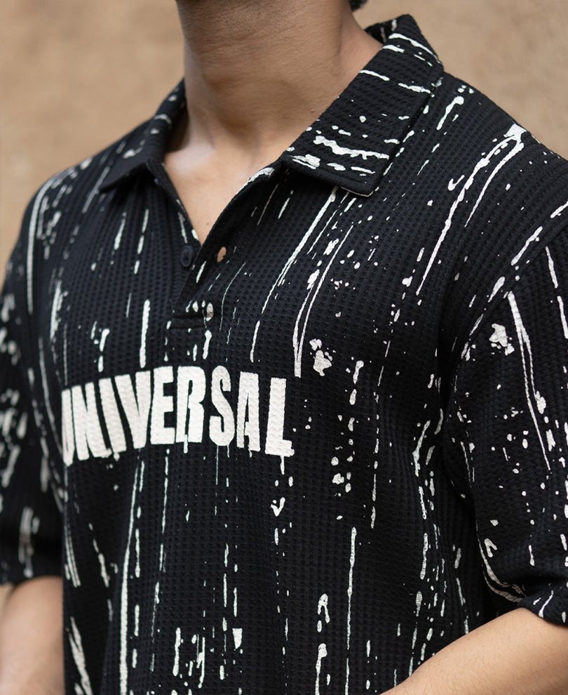 Black Structured Printed Polo T-Shirt