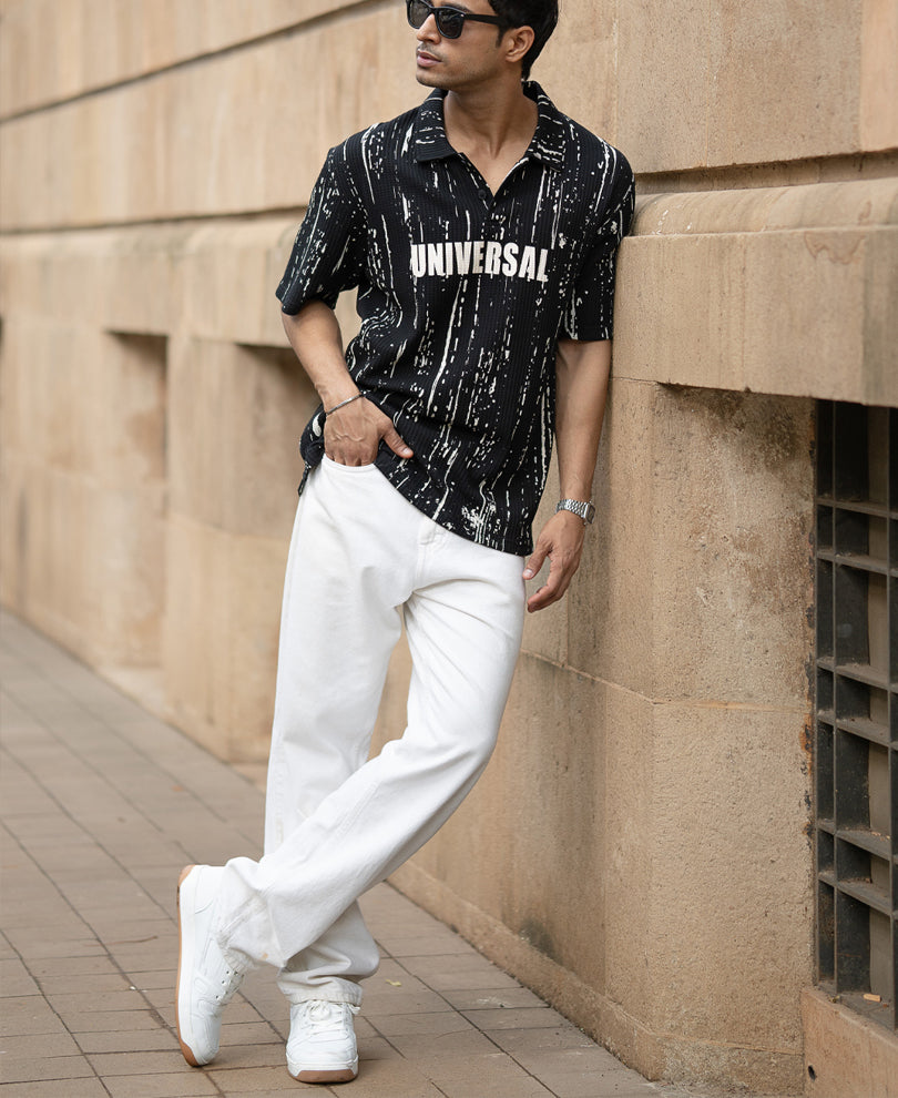 Black Structured Printed Polo T-Shirt