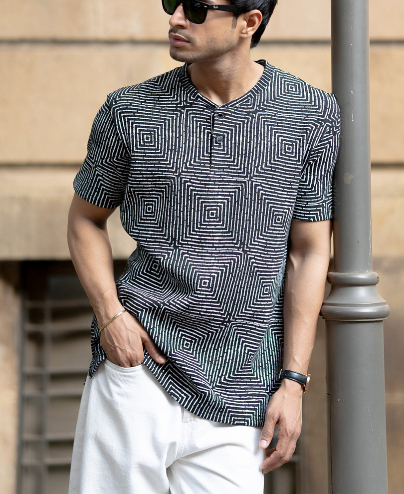 Black Maze Print Henley T-Shirt