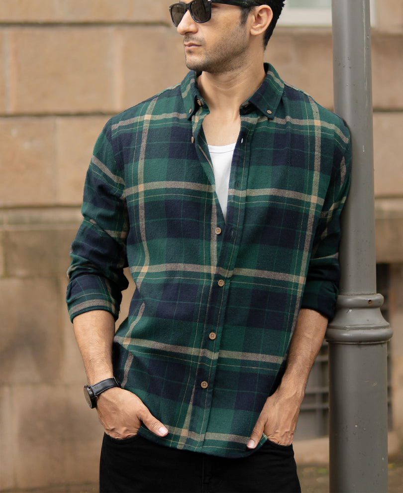Green Button Down Checks Shirt