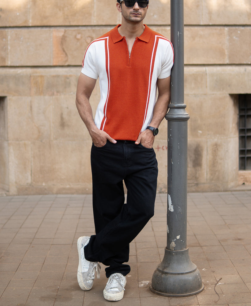 Orange Colour Blocked Polo T-Shirt