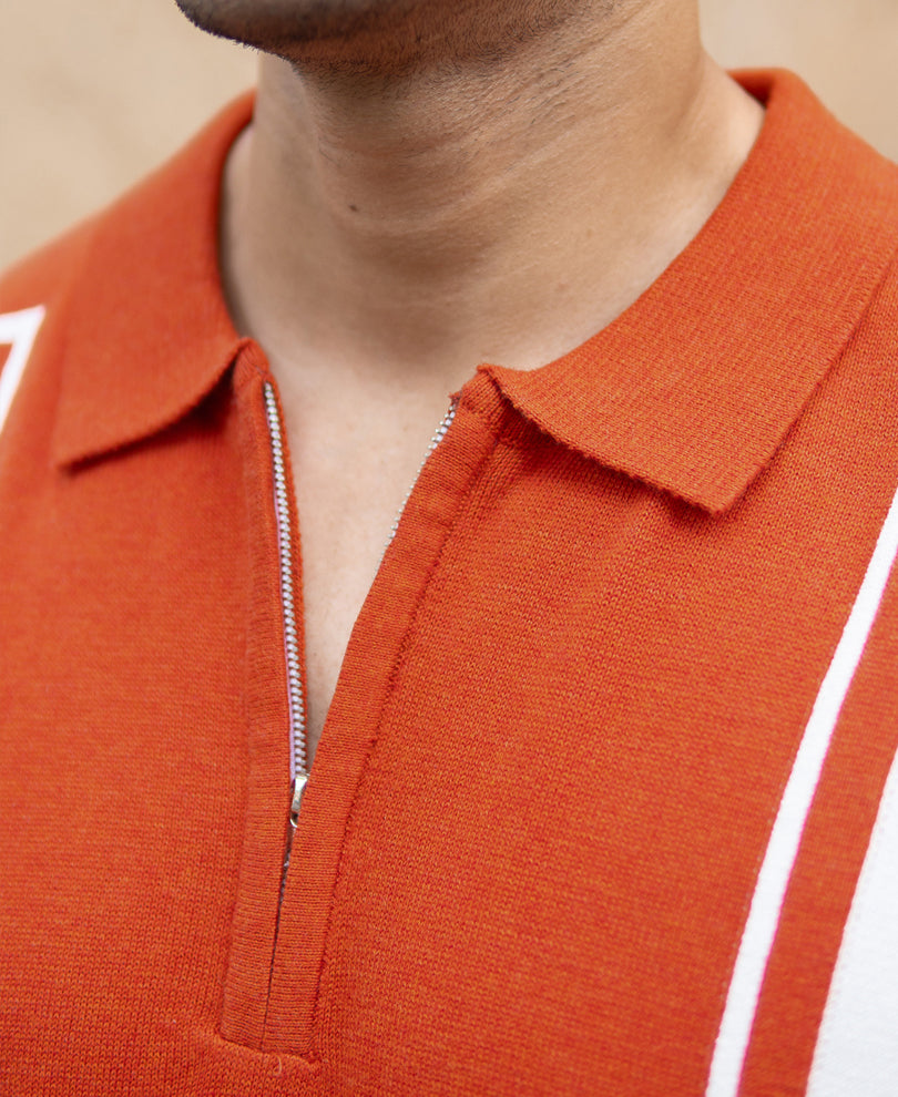 Orange Colour Blocked Polo T-Shirt