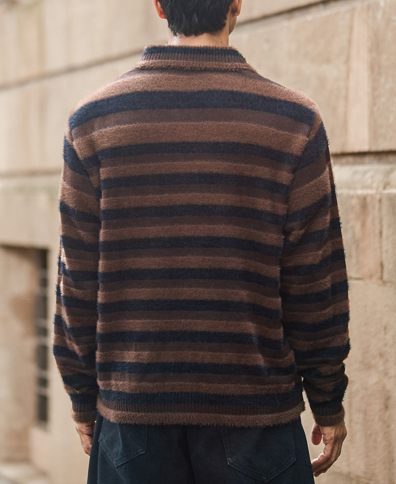 Dark Brown Striped Polo Sweater