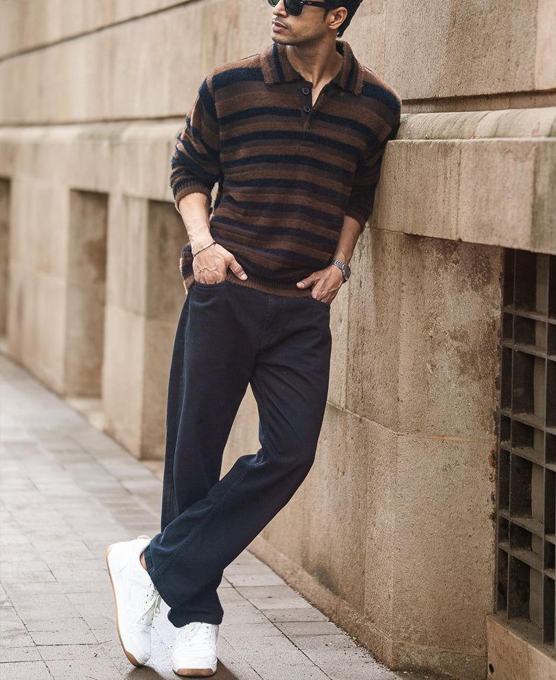 Dark Brown Striped Polo Sweater