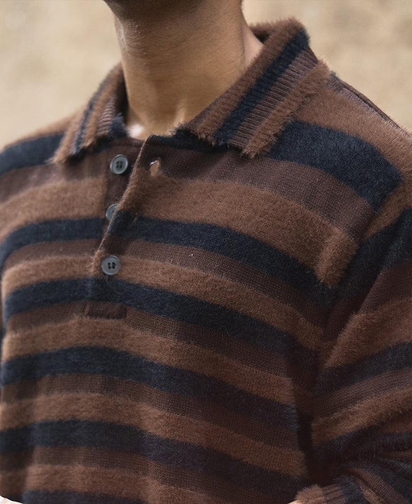 Dark Brown Striped Polo Sweater