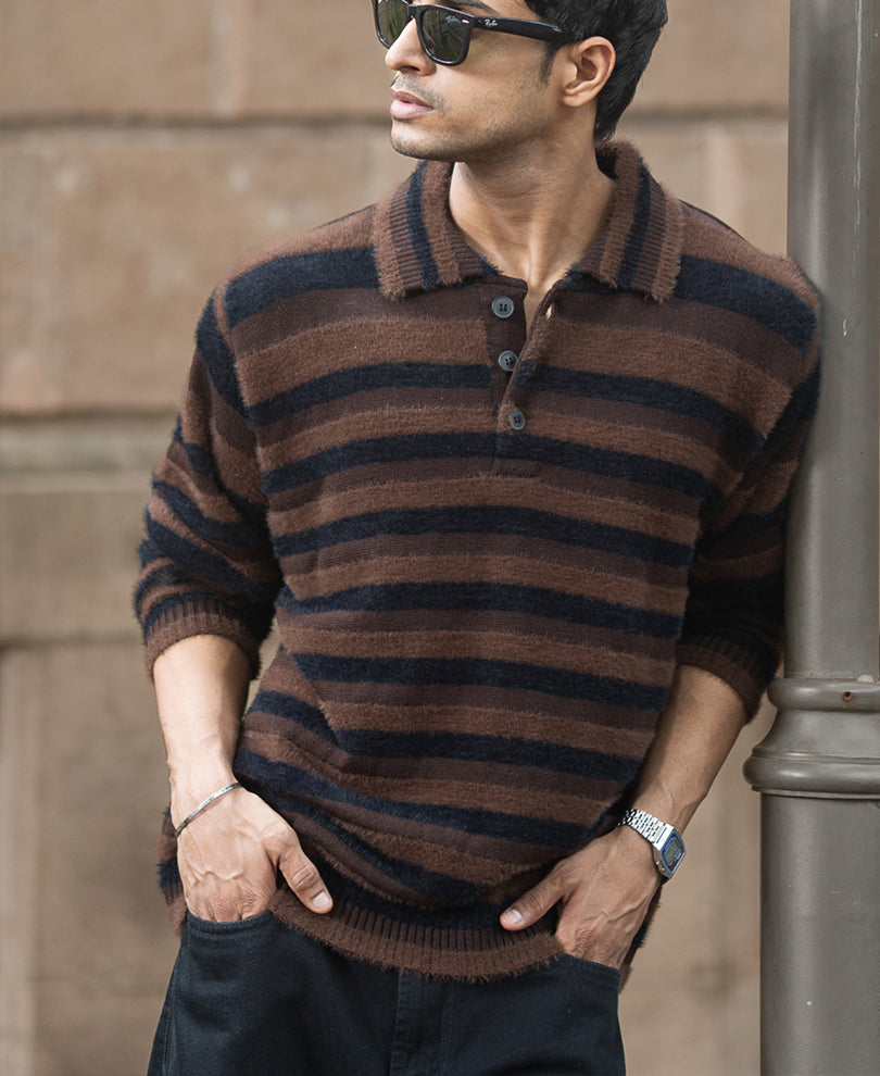Dark Brown Striped Polo Sweater