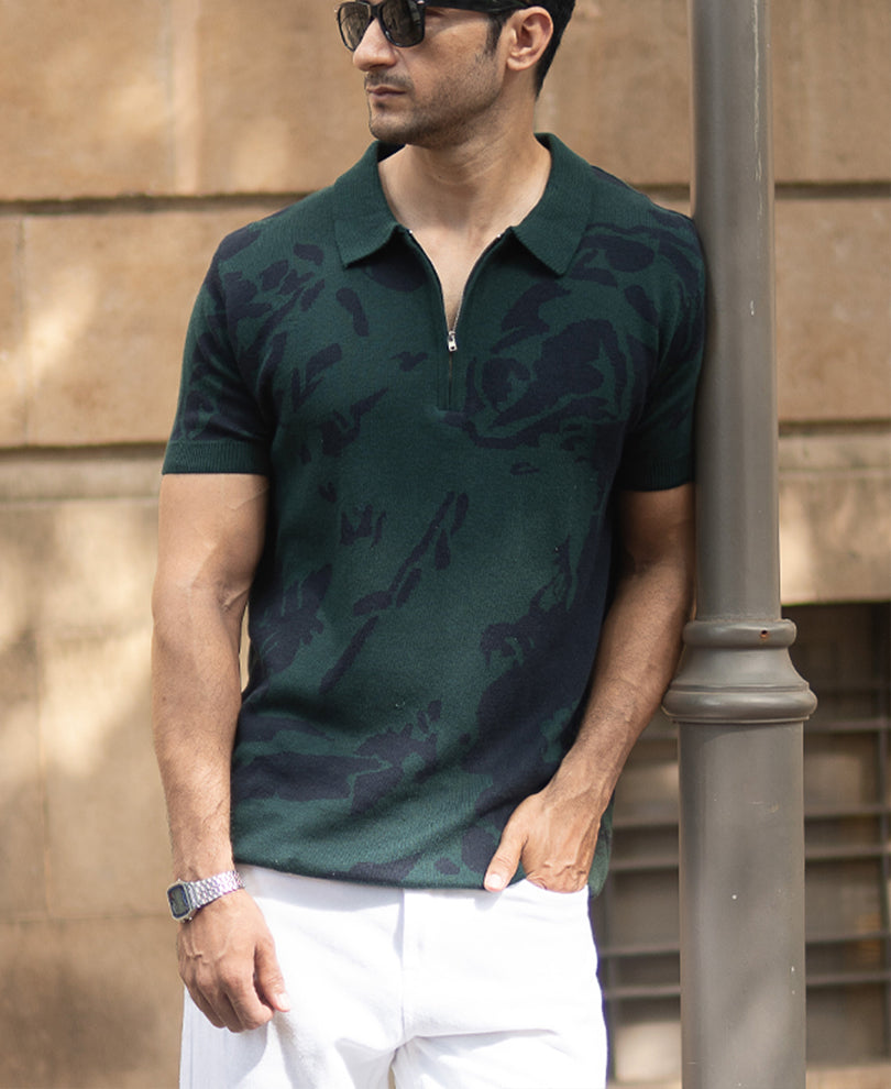 Pine Abstract Knit Polo T-Shirt