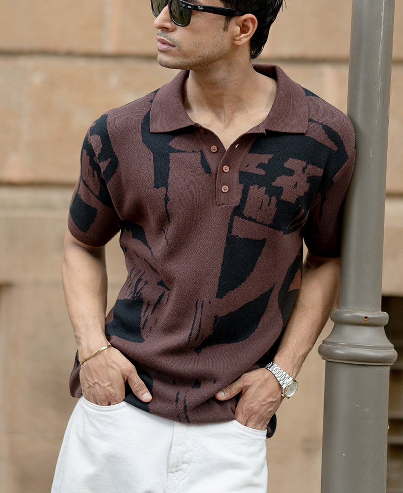 Dark Brown Jacquard Knit T-Shirt