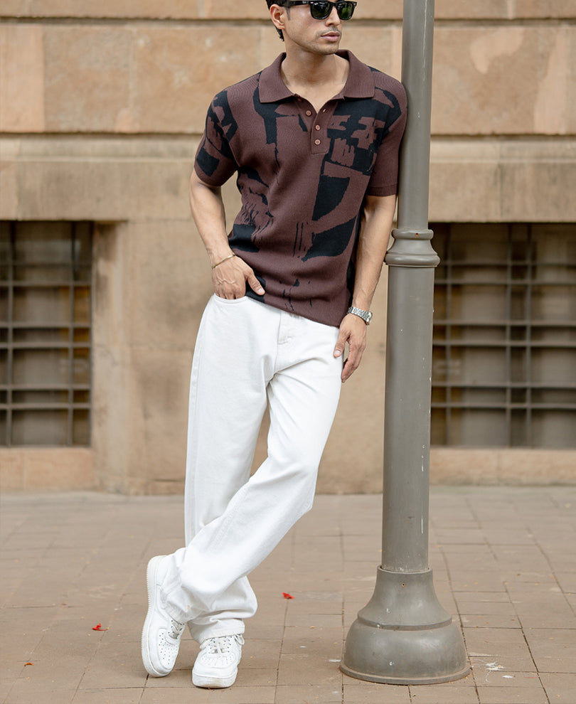 Dark Brown Jacquard Knit T-Shirt