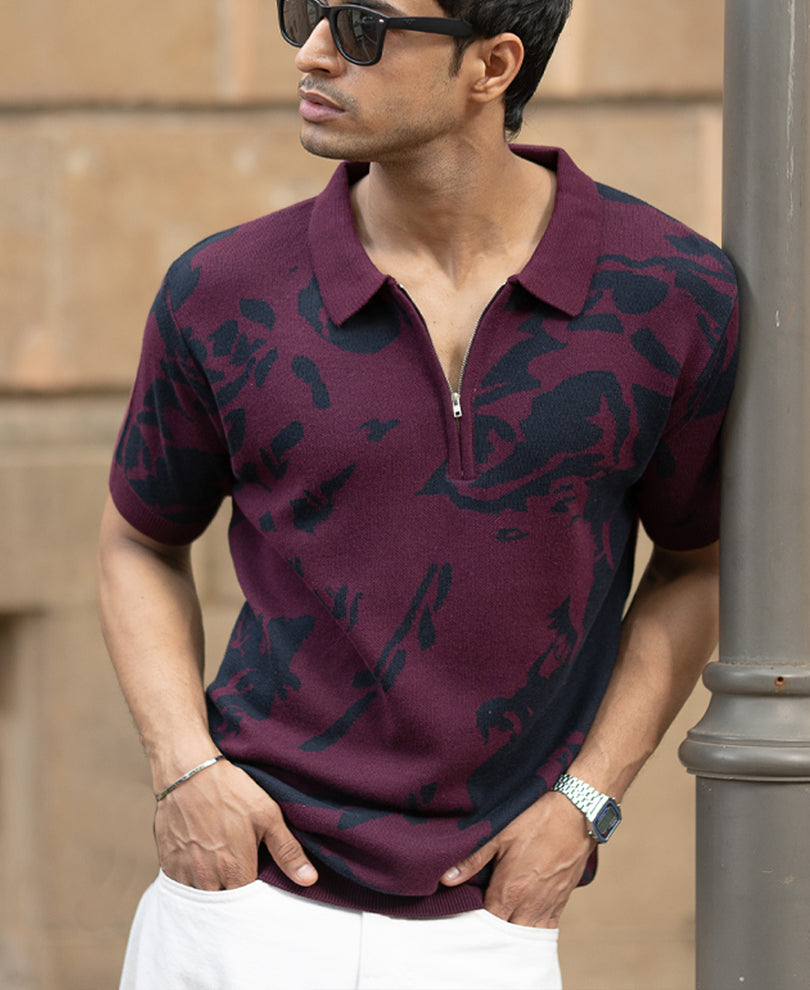 Wine Abstract Knit Polo T-Shirt