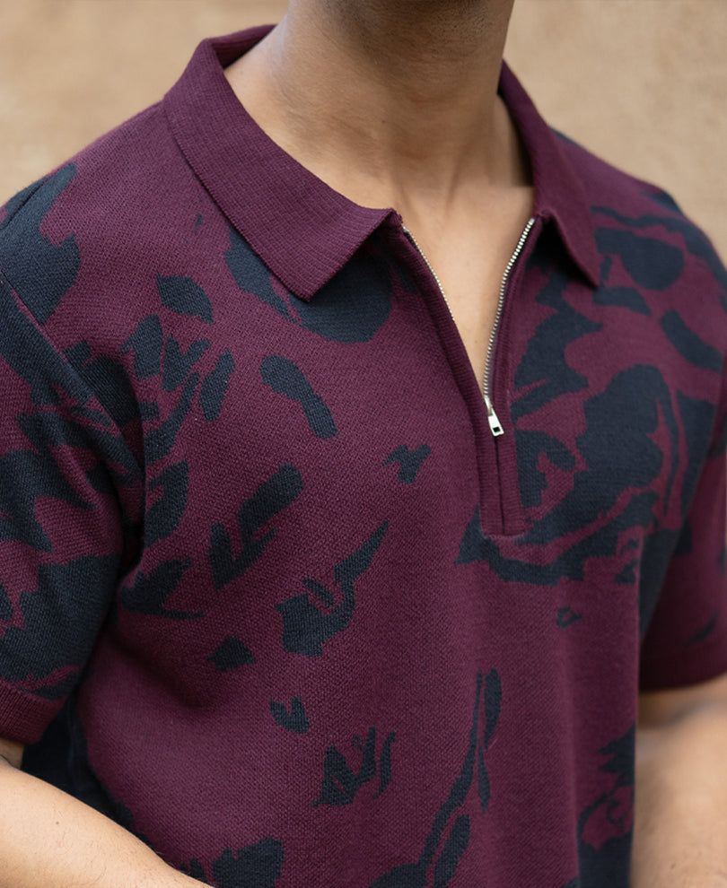 Wine Abstract Knit Polo T-Shirt