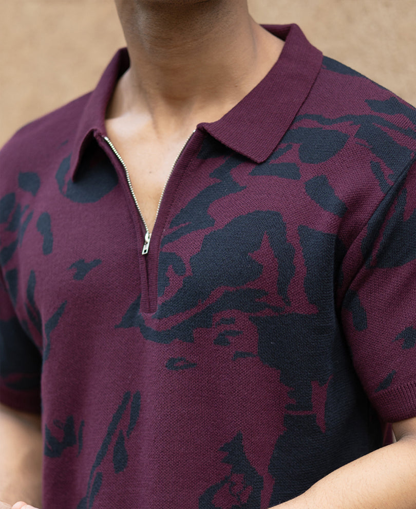 Wine Abstract Knit Polo T-Shirt