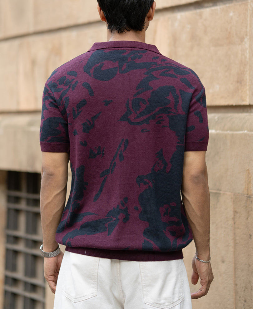 Wine Abstract Knit Polo T-Shirt