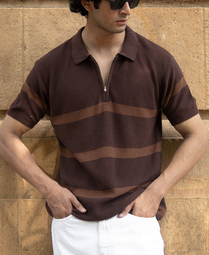 Coffee Brown Striped Knit T-Shirt