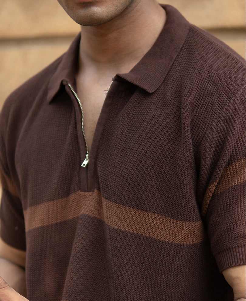 Coffee Brown Striped Knit T-Shirt