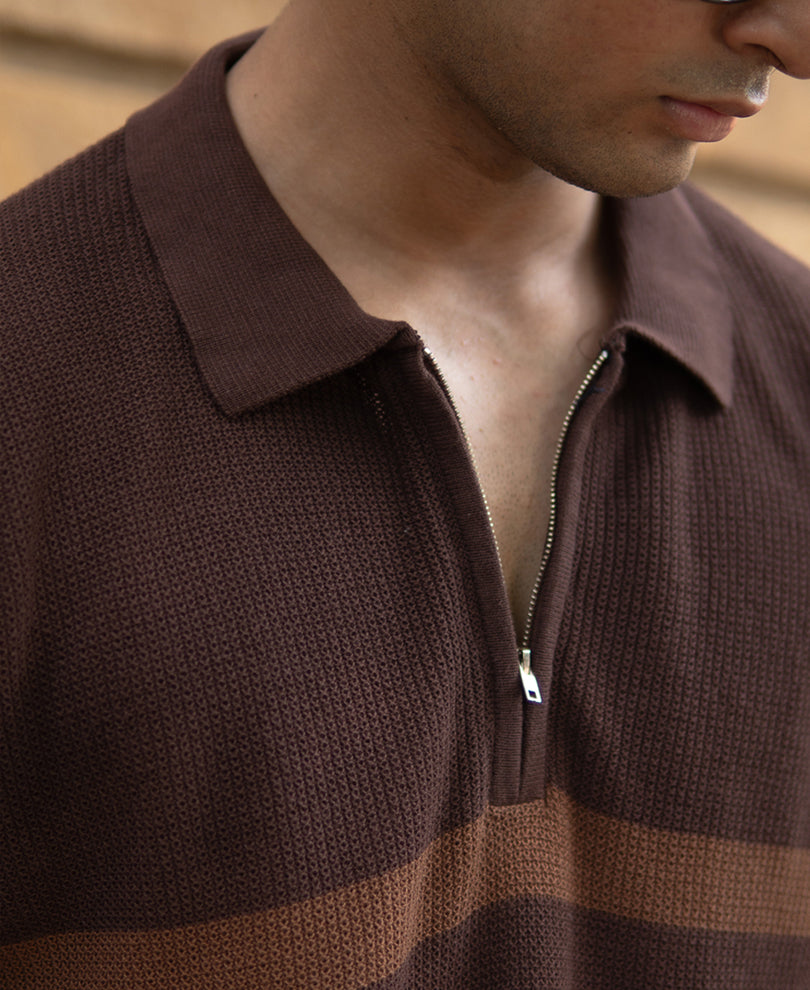 Coffee Brown Striped Knit T-Shirt