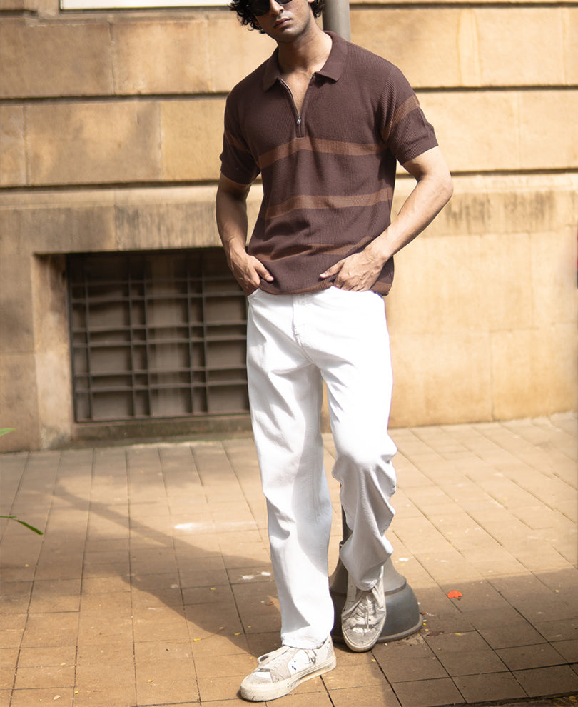 Coffee Brown Striped Knit T-Shirt