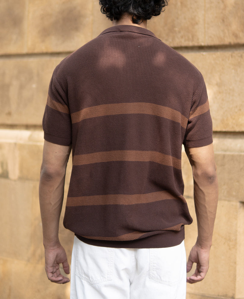 Coffee Brown Striped Knit T-Shirt