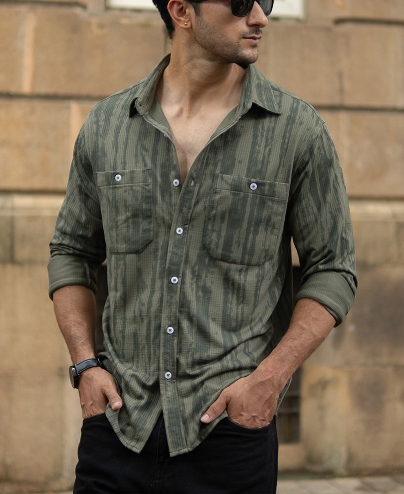 Green Printed Shirt With Pockets