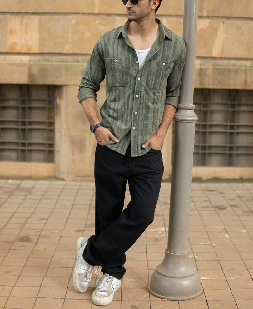 Green Printed Shirt With Pockets