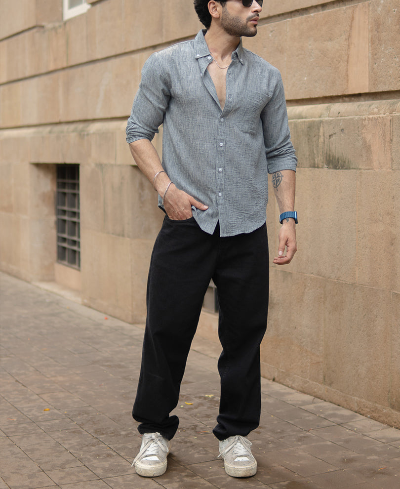 Light Grey Slub Textured Full Sleeves Shirt