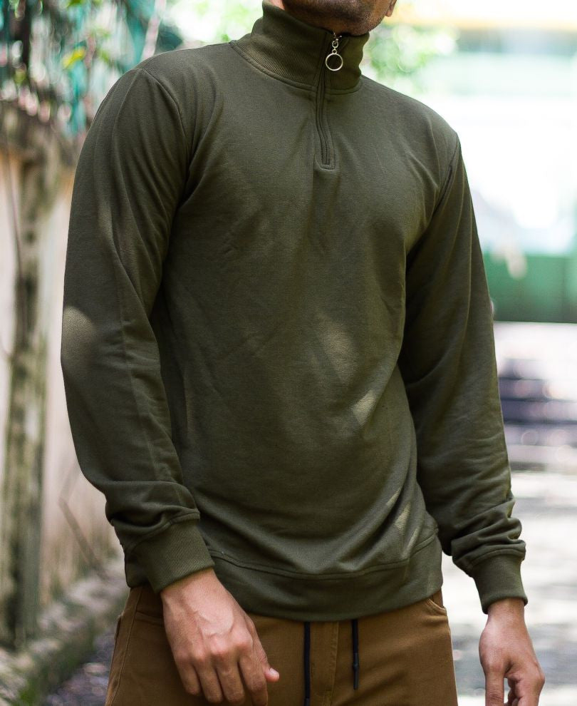 Plain Olive Green Turtle Neck With Zip Full Sleeves T Shirt