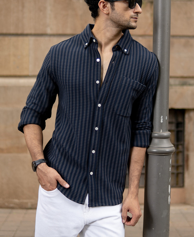 Grey Knit Structured Stripe Shirt