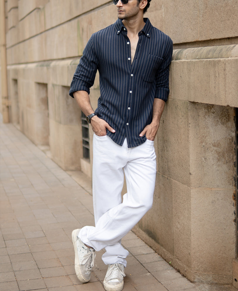 Grey Knit Structured Stripe Shirt