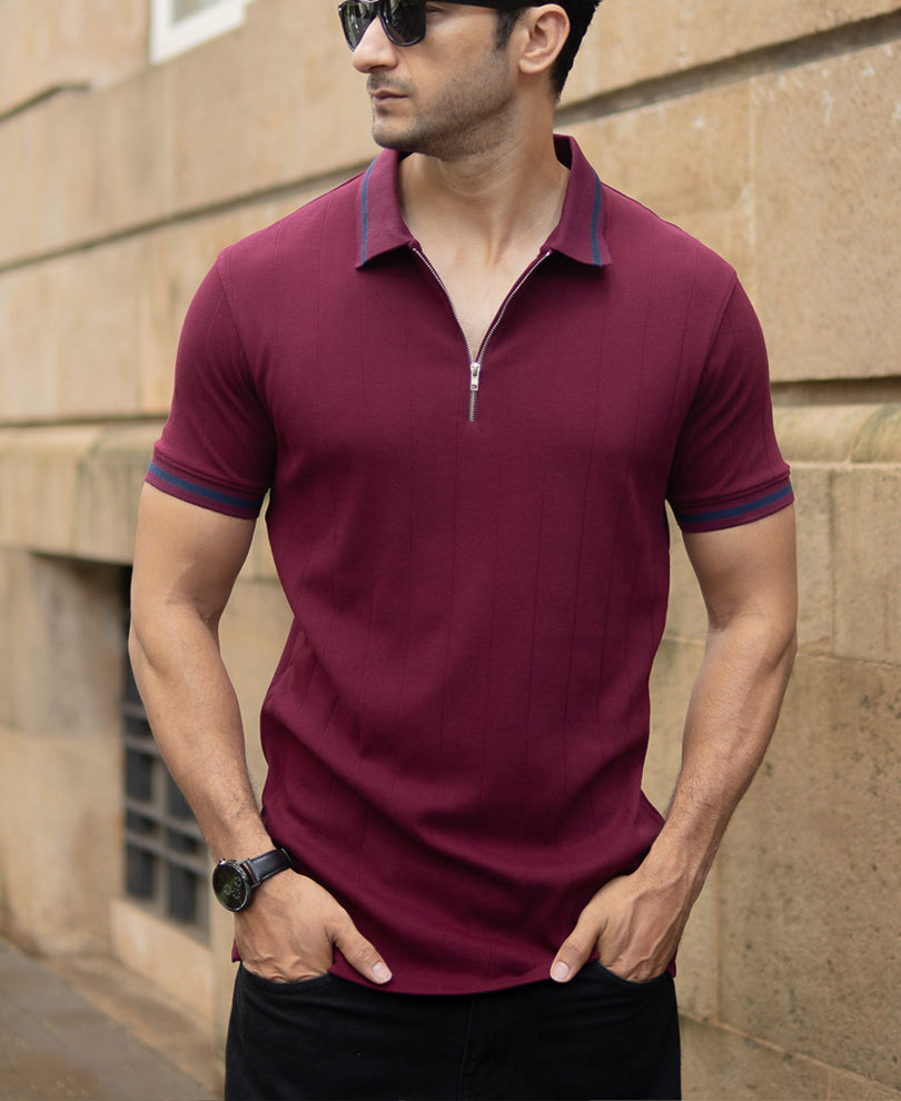 Maroon Knit Zipper T-Shirt